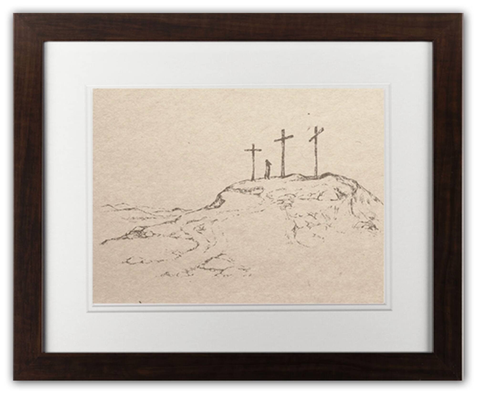 Crosses On Hill Sketch 5 11" x 14" Walnut Framed Print Under Plexiglass